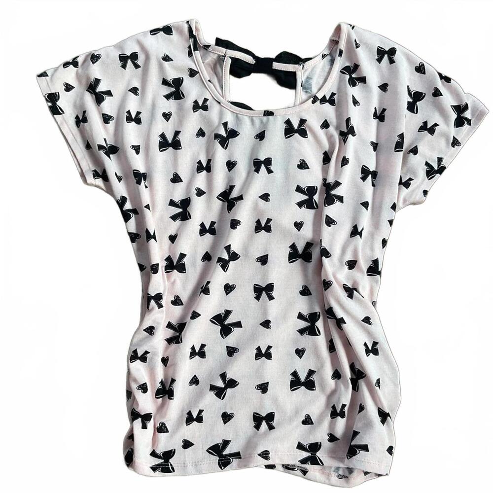Women's Black and White Bow Print Short Sleeve Top